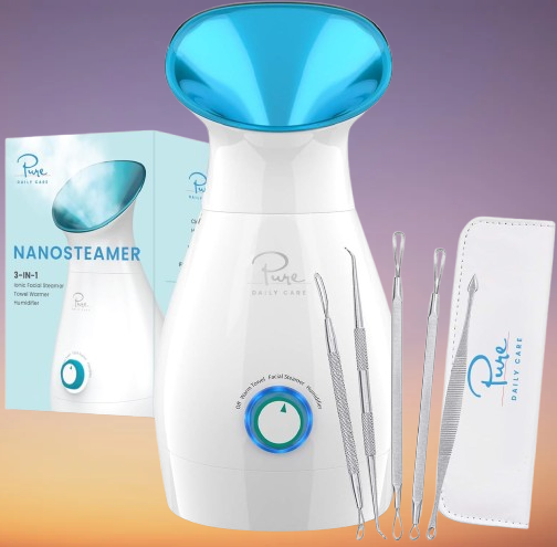 Nano-Ionic Facial Steamer & Humidifier - The Pure Daily Care Nano Steamer is a new type of steamer that generates nano-ionic steam. NanoSteamer does this by combining a conventional heating element with a new ultra sonic vaporizer to produce nano steam with negatively charged ionic particles. Nano steam combined with ionic water particles are up to 10x more effective in penetrating skin.