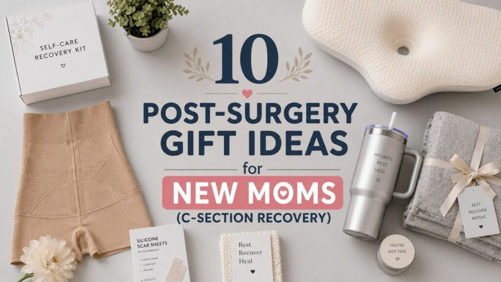 C-section gift ideas featured image showing a flat lay of post-surgery recovery products including compression underwear, a lumbar pillow, a stainless steel tumbler, and scar sheets.