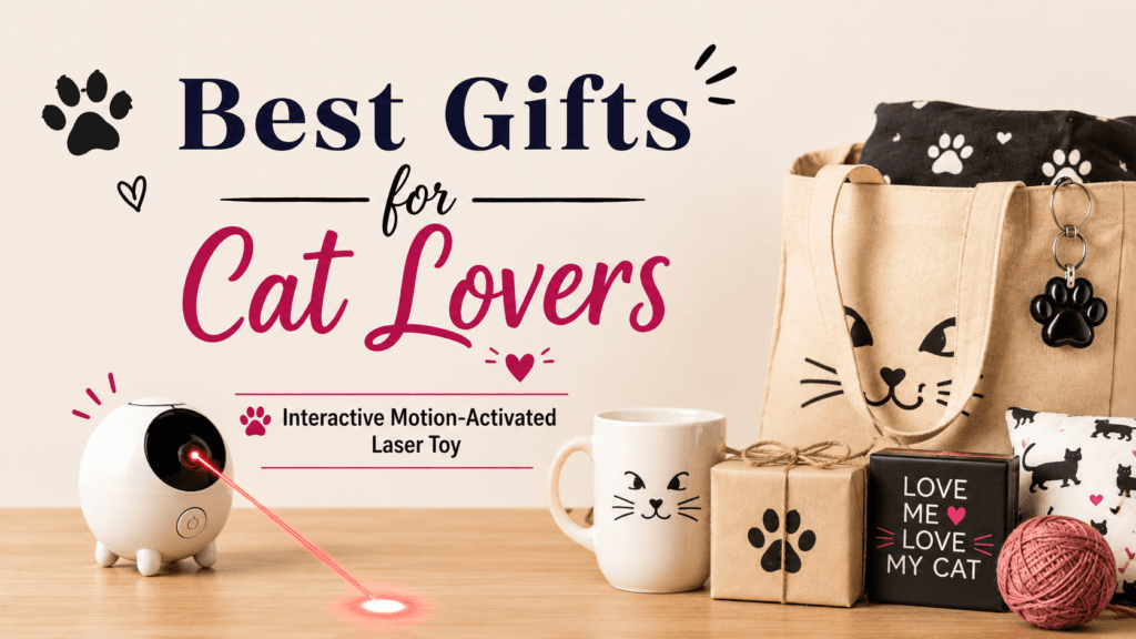 Best gifts for cat lovers featuring an interactive motion-activated laser toy and cat-themed
