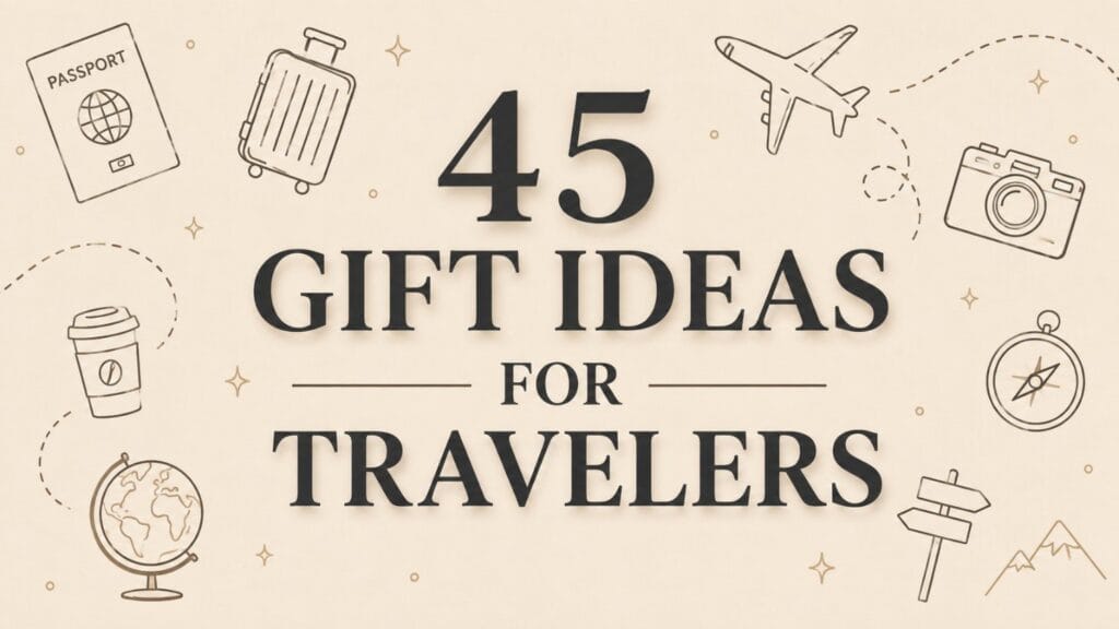 45 gift ideas for travelers featuring travel essentials and accessories with passport, suitcase, airplane, camera, compass, coffee cup, and globe icons