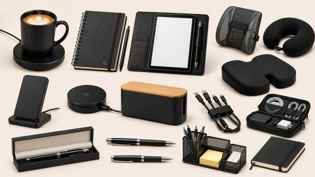 Minimalist collage of practical office gifts including a desktop coffee mug warmer, smart reusable notebook, digital folio, ergonomic comfort gear, wireless charging stand, cable organizer, and professional rollerball pens.
