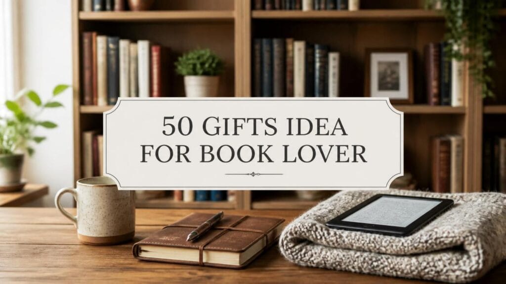 A cozy reading setup with books, an e-reader, and a warm mug featuring the title 50 Gifts Idea for Book Lover.