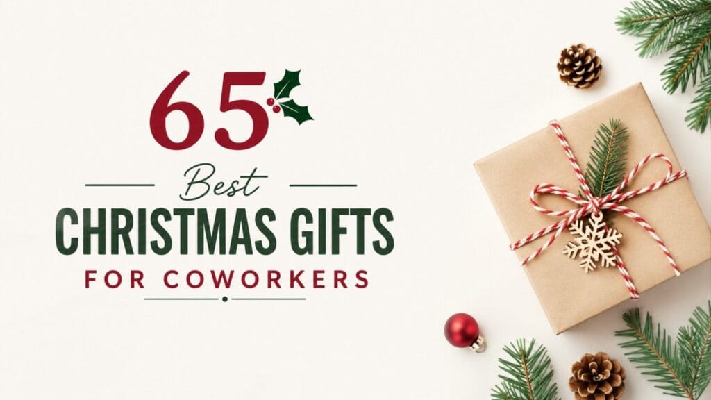 65 Best Christmas Gifts for Coworkers featuring a wrapped Christmas gift and festive greenery