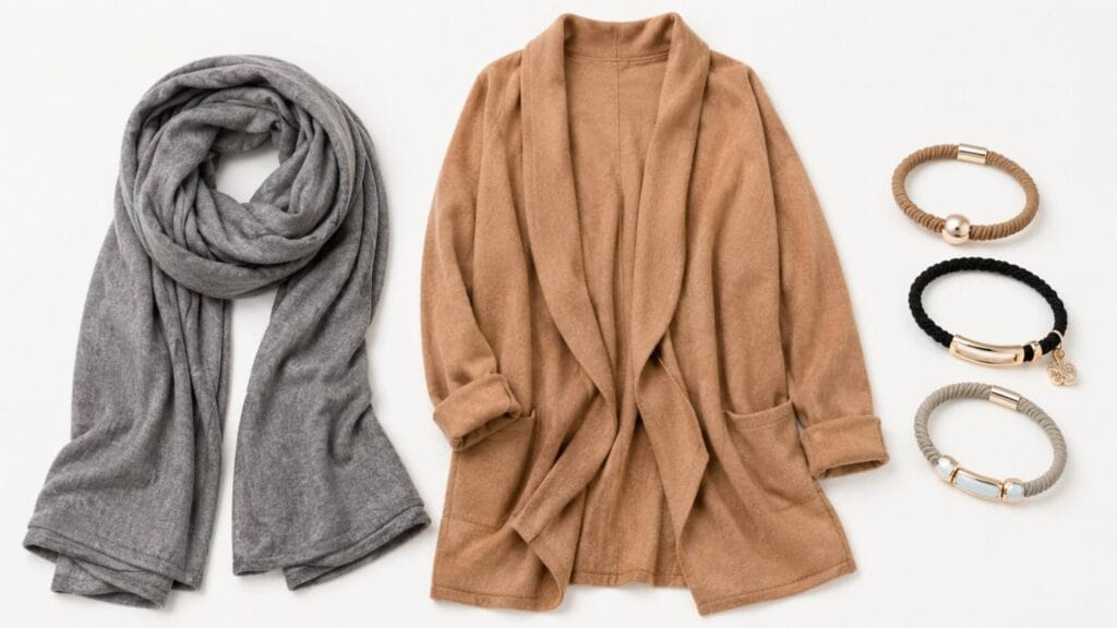 Flat lay of travel comfort and style accessories on white background including a multi-functional travel scarf, camel coatigan cardigan, and hair tie bracelet set.