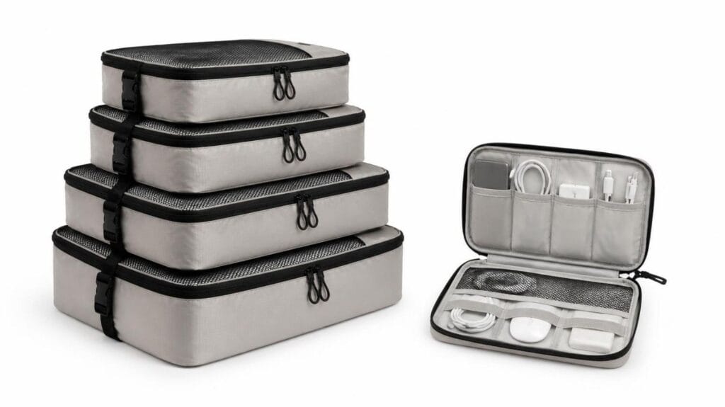 Set of mesh compression packing cubes next to an organized tech pouch for cables on a white background