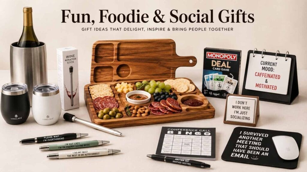 Fun coworker gift ideas featuring a charcuterie serving board, wine chiller and tumblers, Monopoly Deal card game, funny office desk accessories, novelty pens, and conference call bingo.