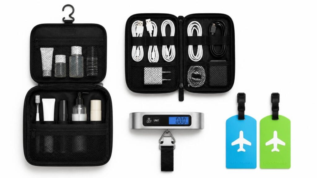 A set of functional packing accessories including a hanging toiletry bag, tech pouch, luggage scale, and luggage tags on a white background