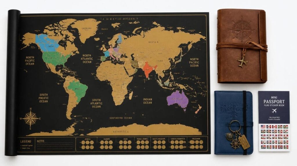 A scratch-off world map, leather travel journal, passport holder with charms, and flag sticker tracker on a white background