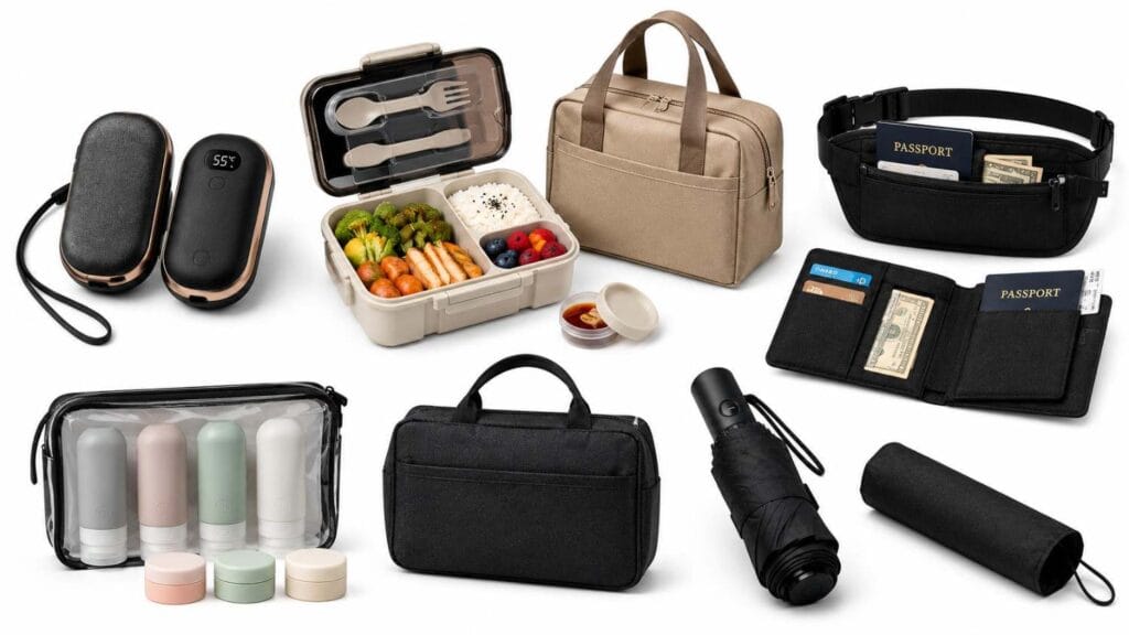 Minimalist product collage featuring rechargeable hand warmers, a leak-proof bento lunch box, insulated lunch tote, RFID-blocking travel wallet, toiletry kit, and compact travel umbrella.
