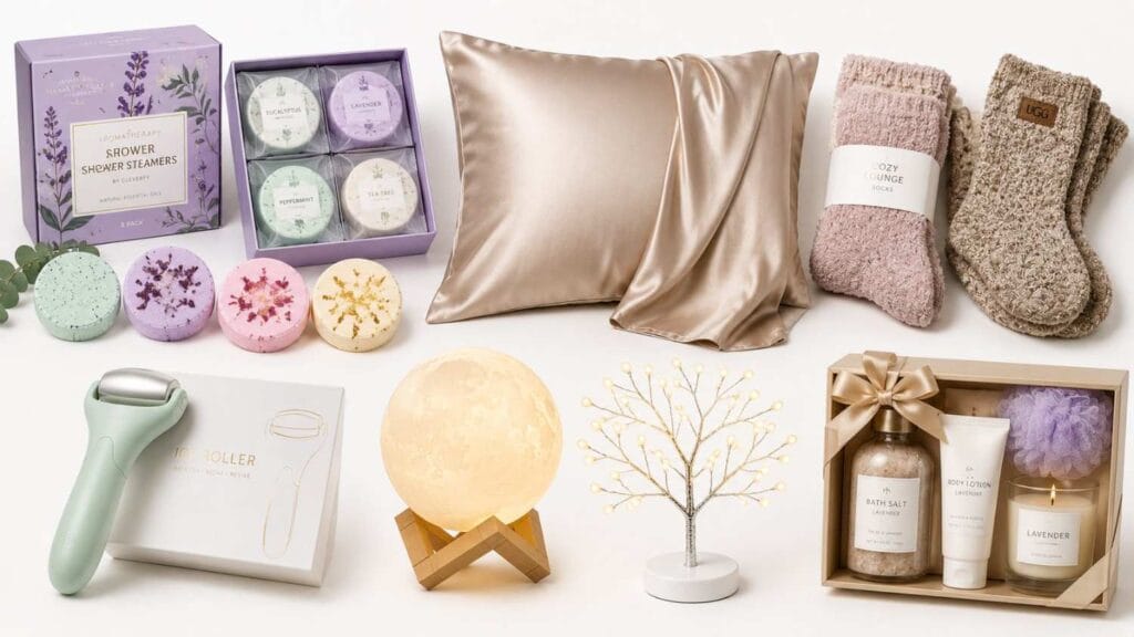 Minimalist self-care gift collection featuring aromatherapy shower steamers, silk pillowcase, cozy lounge socks, ice roller, moon lamp, LED light tree, and lavender bath gift set.