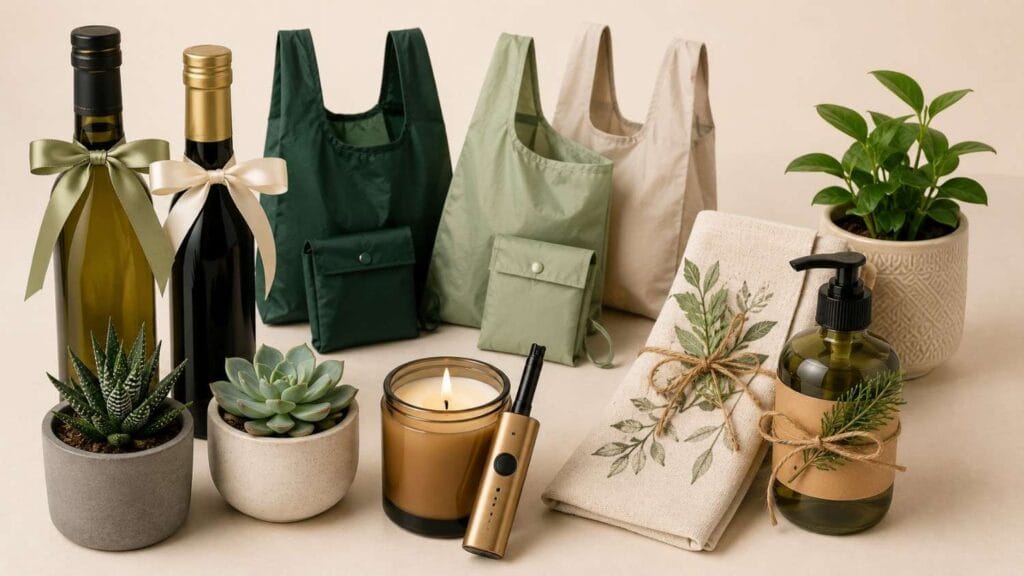 Thoughtful gift ideas featuring artisanal olive oil bottles, reusable grocery bags, potted succulents, a cozy candle with a rechargeable lighter, and decorative tea towels with hand soap.