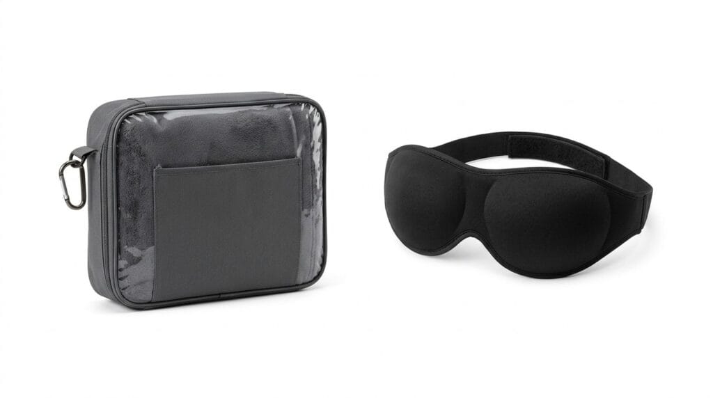 Soft BEDELITE travel blanket folded in its travel case alongside a 3D weighted eye mask isolated on a white background
