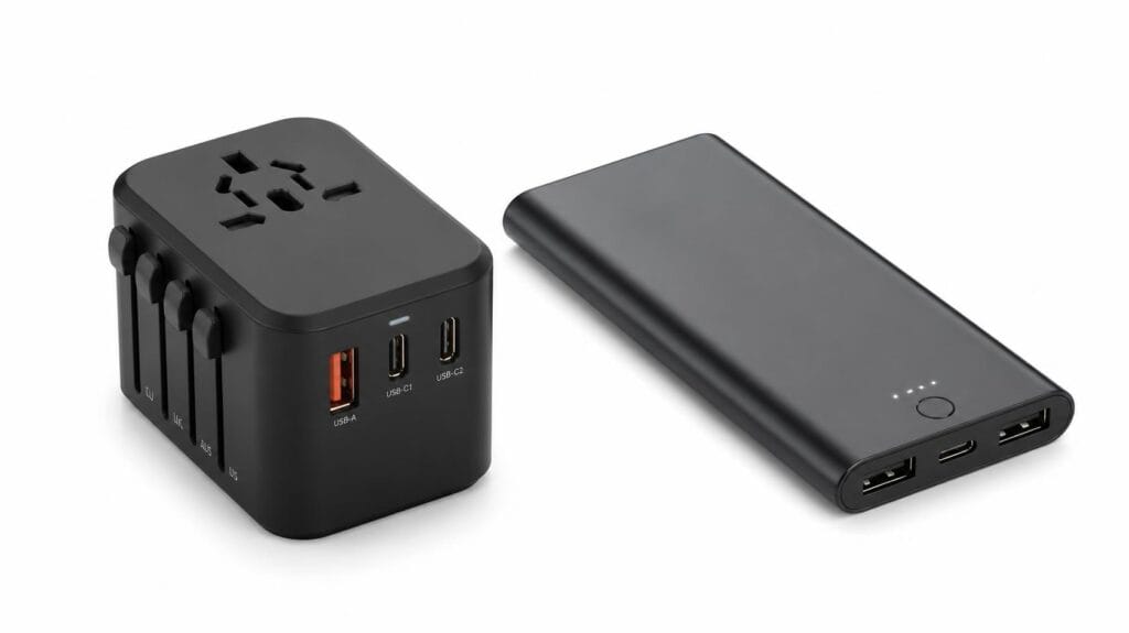 A universal travel plug adapter and a slim portable power bank displayed on a white background