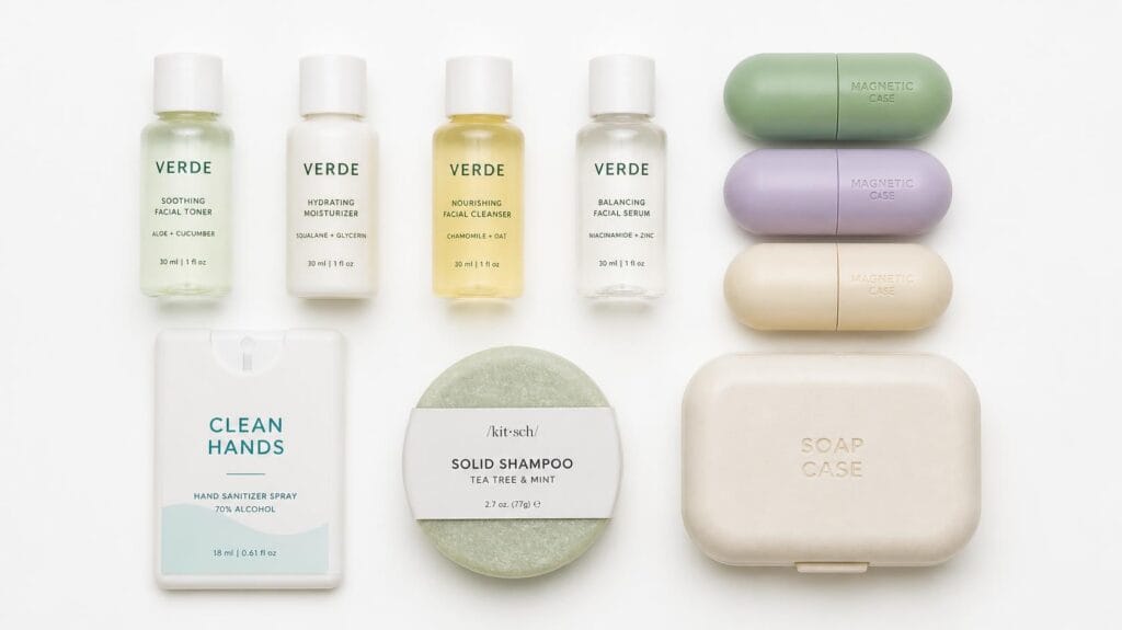 Travel-sized skincare products, magnetic capsules, hand sanitizer spray, and solid shampoo on a white background