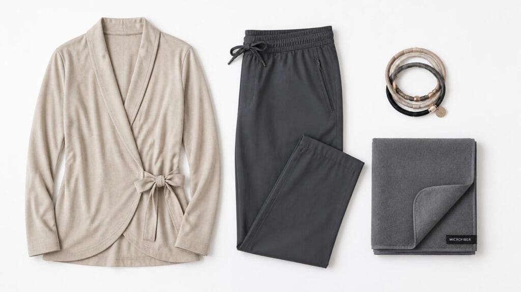 A neutral travel cardigan, wrinkle-free pants, hair tie bracelets, and a quick-dry microfiber towel on a white background