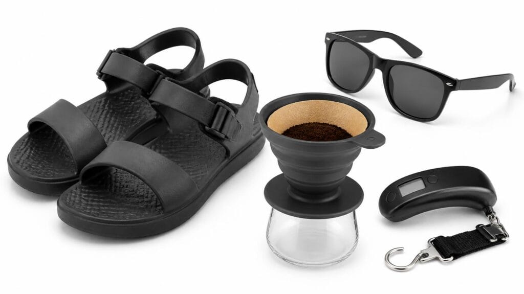Everyday travel essentials including waterproof sandals, polarized sunglasses, a digital luggage scale, and collapsible coffee maker on a white background.