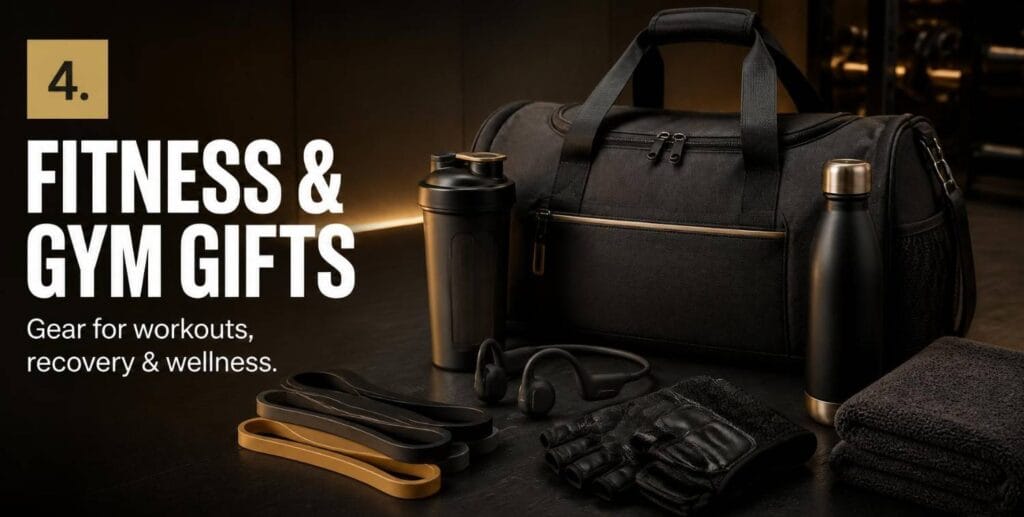 Fitness and gym gifts for men including a gym bag, shaker bottle, headphones