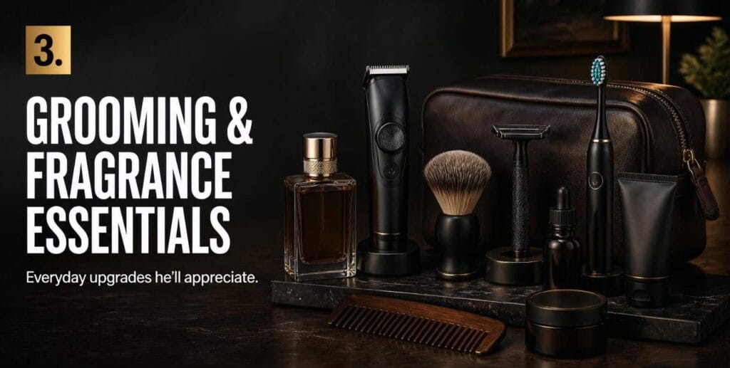 Grooming and fragrance gifts for men including cologne, trimmer, shaving kit and toiletry bag