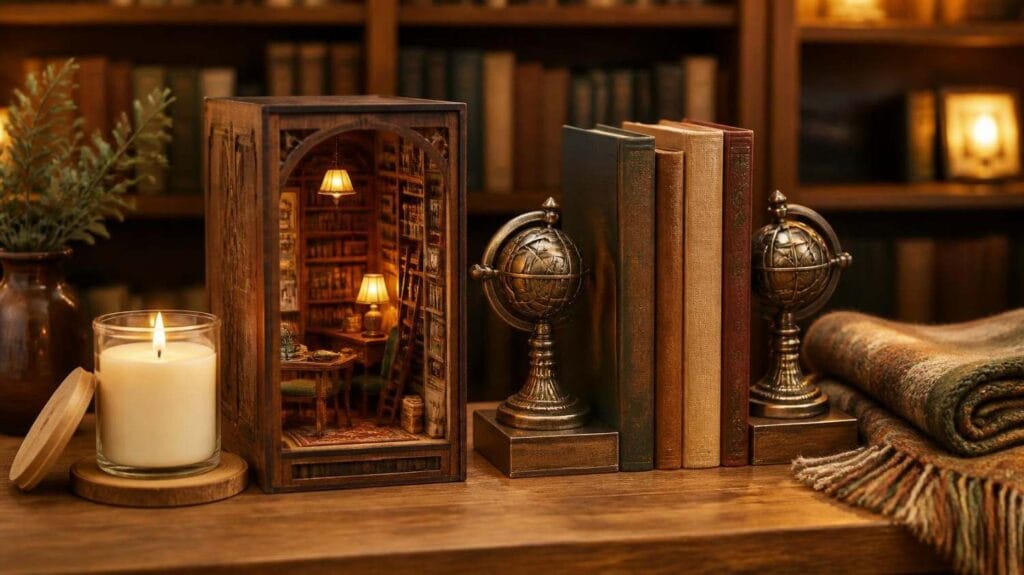 Aesthetic home library decor gifts for readers featuring a soy candle, book nook kit, and bookends