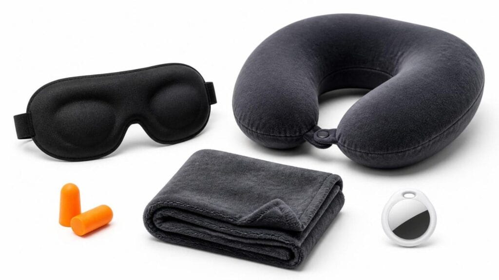 Flight comfort accessories featuring a memory foam neck pillow, 3D sleep mask, earplugs, and travel blanket on a white background.
