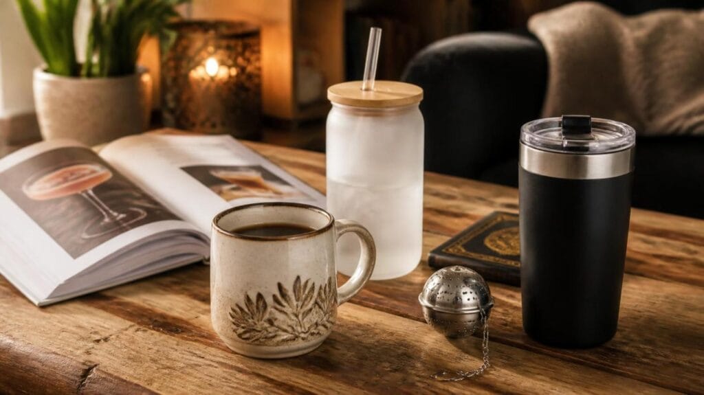 Coffee and tea gifts for book lovers featuring a ceramic mug, literary recipe book, and book-shaped coasters