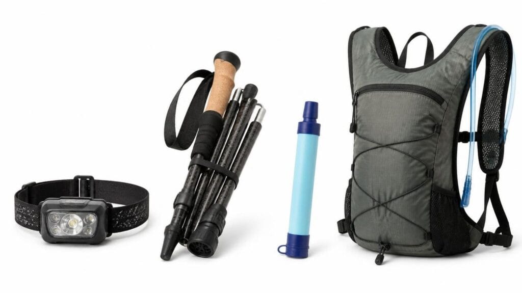 Outdoor travel gear featuring an LED headlamp, carbon fiber hiking poles, water filter straw, and hydration pack on a white background.