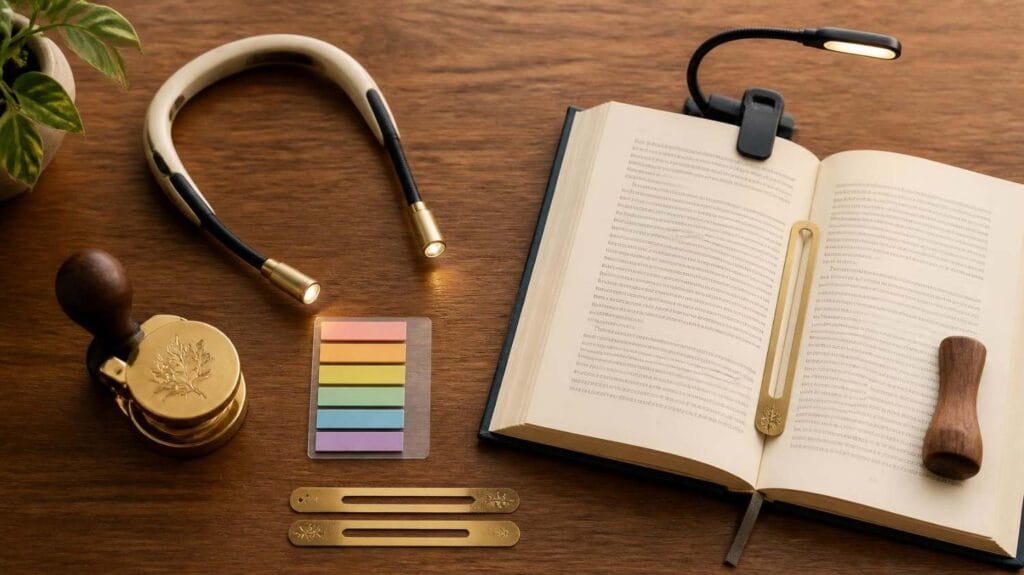 Practical reading accessories for book lovers including a neck light, page holder, book embosser, and annotation tabs