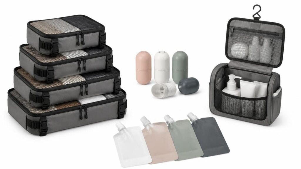 Luggage organization tools including compression packing cubes, magnetic travel bottles, and a hanging toiletry bag on a white background.