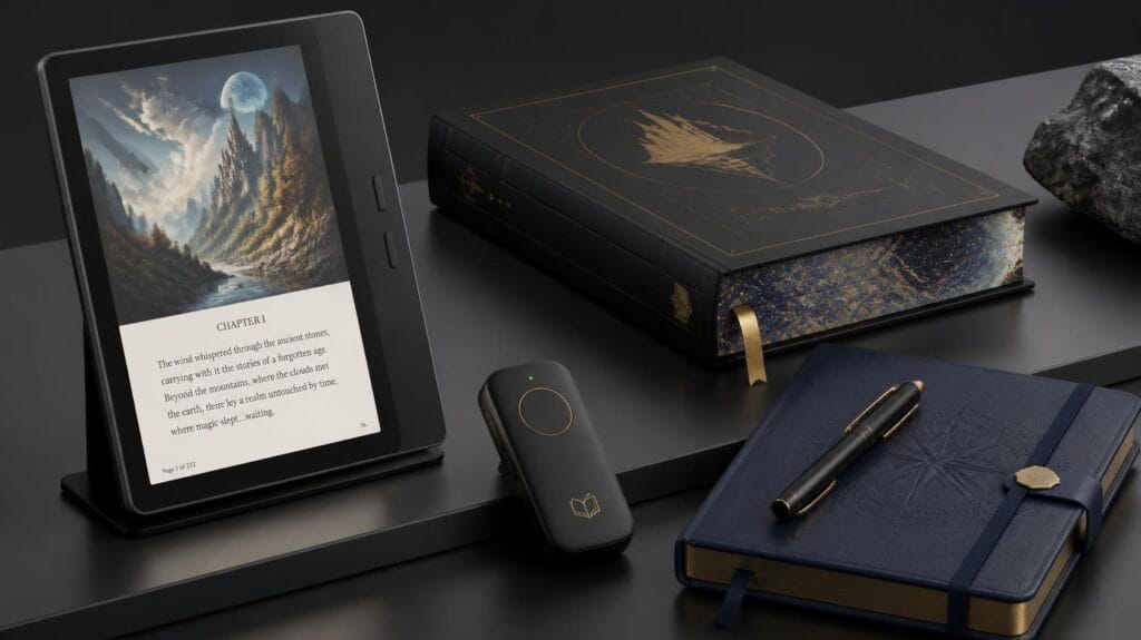 Tech and special edition gifts for book lovers showing a color e-reader with remote page turner and reading journal