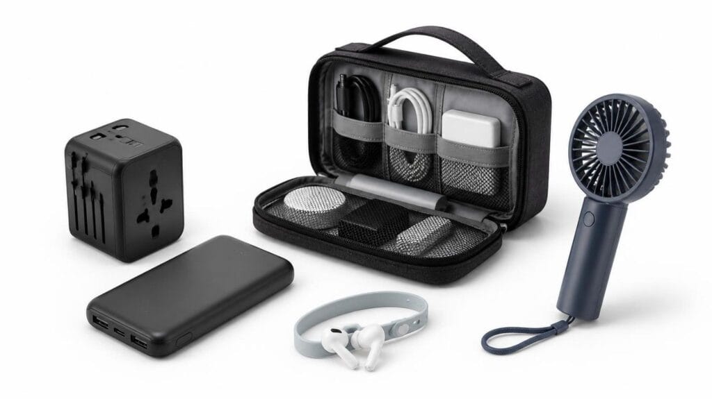 Collection of travel tech essentials including a universal power adapter, power bank, cord organizer, and mini fan on a white background.