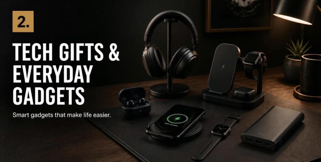Tech gifts and everyday gadgets for men including headphones, earbuds, smartphone and wireless charger