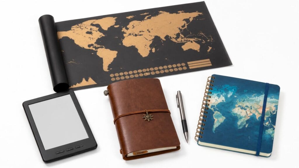 Travel planning accessories including an e-reader, leather travel journal, travel planner, and scratch-off map on a white background.