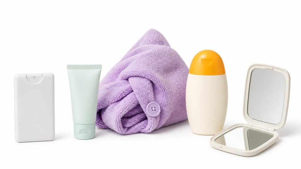 Travel self-care products including a pocket sanitizer spray, sunscreen, moisturizer tube, and microfiber hair towel on a white background.