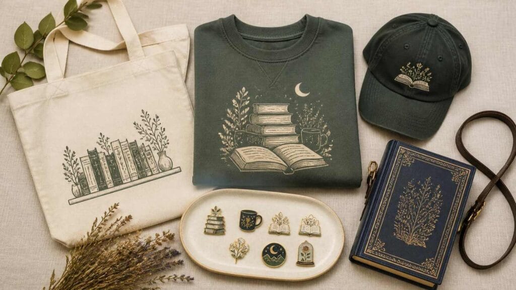 Bookish fashion gifts for book lovers including a literary tote bag, book-shaped purse, and embroidered hat