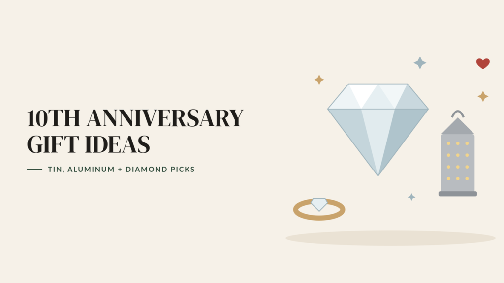 Illustration of a large faceted diamond, a diamond ring and a punched-tin lantern, beside the headline 10th Anniversary Gift Ideas