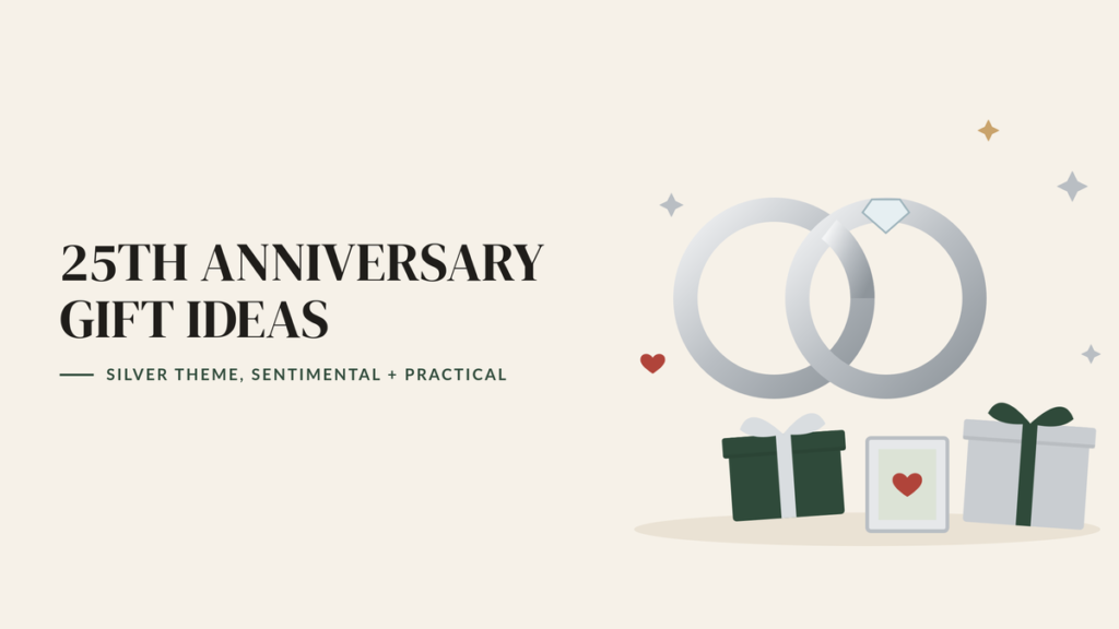Illustration of two interlocked silver rings with a diamond, a silver photo frame and wrapped gifts, beside the headline 25th Anniversary Gift Ideas