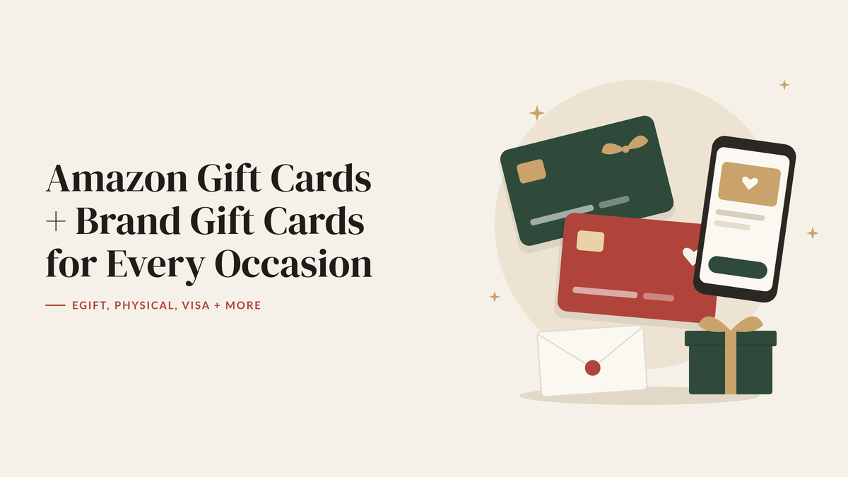 Illustration of two gift cards, a phone showing an eGift card, an envelope and a wrapped gift box