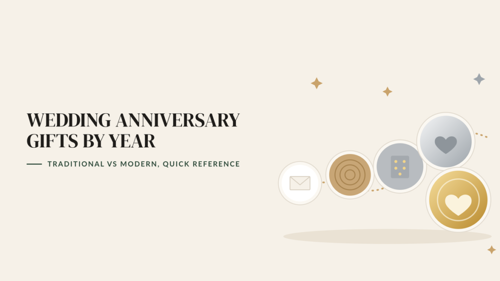 Illustration of five anniversary medallions in paper, wood, tin, silver and gold along a dotted path, beside the headline Wedding Anniversary Gifts by Year