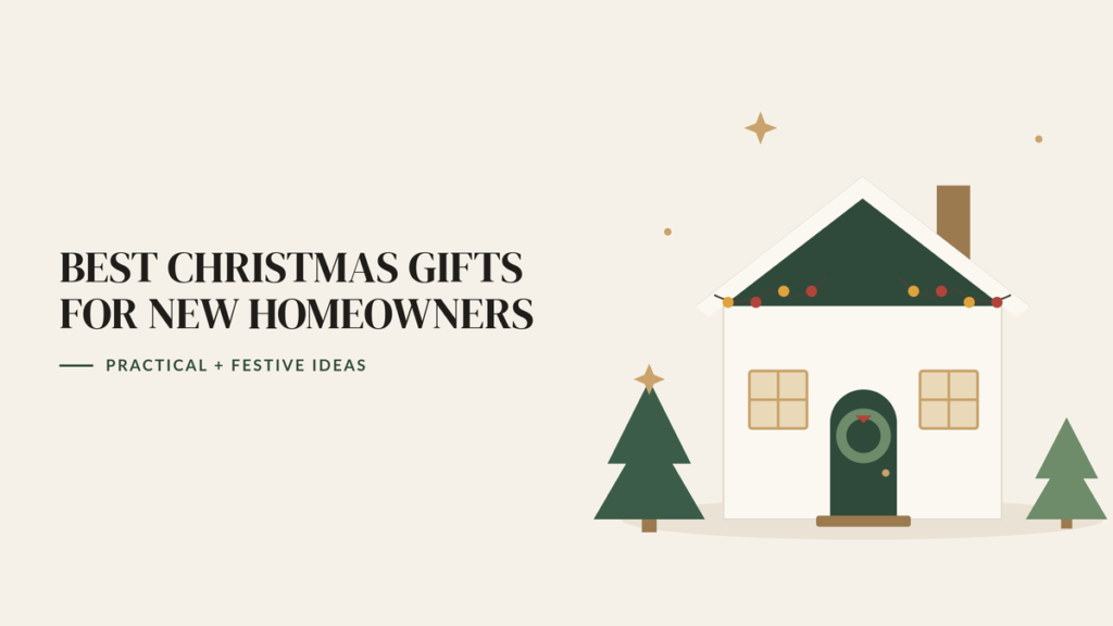 Illustration of a small house with Christmas lights along the roof and a wreath on the door, between two trees, beside the headline Best Christmas Gifts for New Homeowners