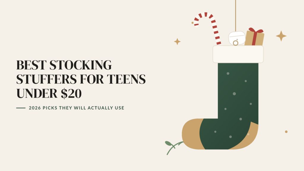 Illustration of a green Christmas stocking holding a candy cane, an earbuds case and a small wrapped gift, beside the headline Best Stocking Stuffers for Teens Under $20