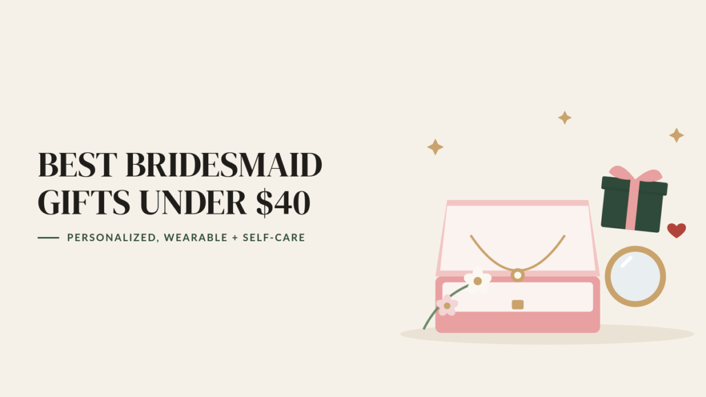 Illustration of an open pink jewelry box with a necklace, a compact mirror, flowers and a wrapped gift, beside the headline Best Bridesmaid Gifts Under $40