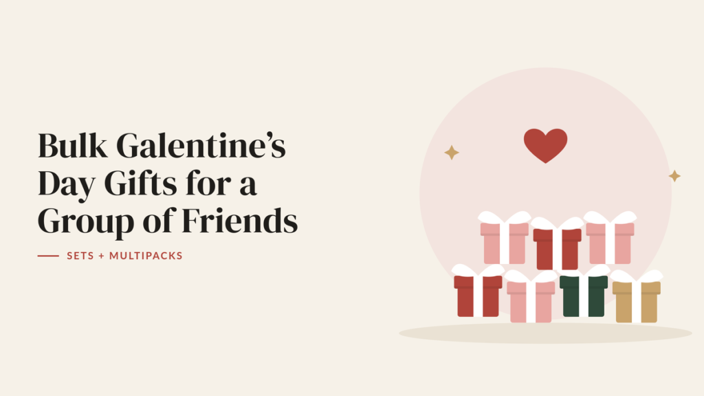 Illustration of several small wrapped gift boxes and a red heart for a group Galentine’s gift guide