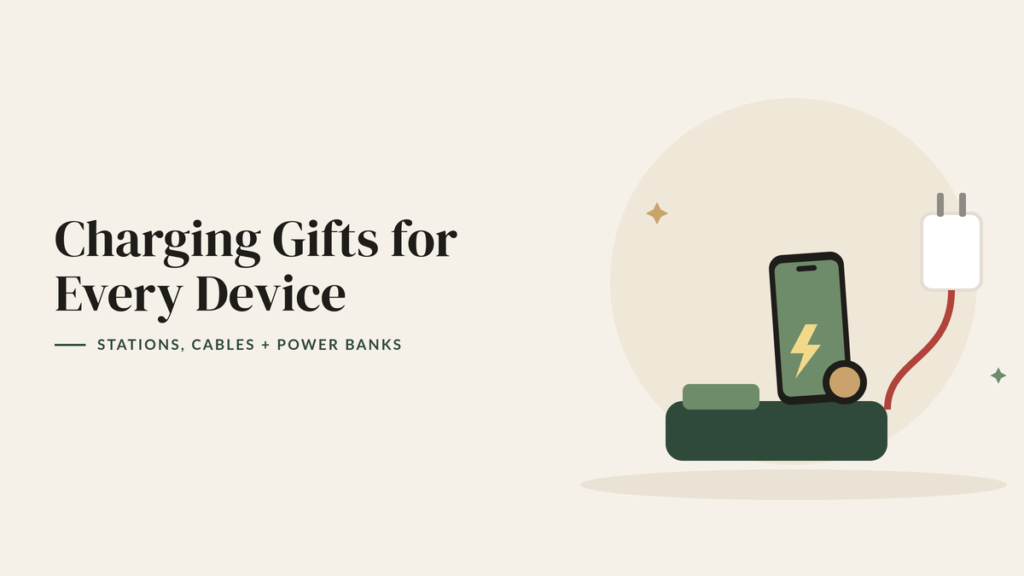 Illustration of a phone on a charging stand, a wall charger and a red cable for a charging accessories gift guide