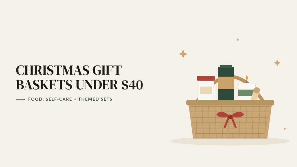 Illustration of a woven gift basket with a red bow, filled with jars, a candle and a treat, beside the headline Christmas Gift Baskets Under $40