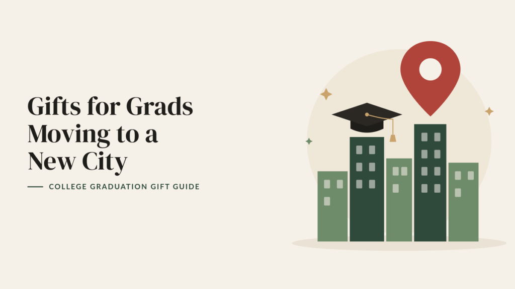 Illustration of a city skyline with a red map pin and a graduation cap for a college graduation gift guide