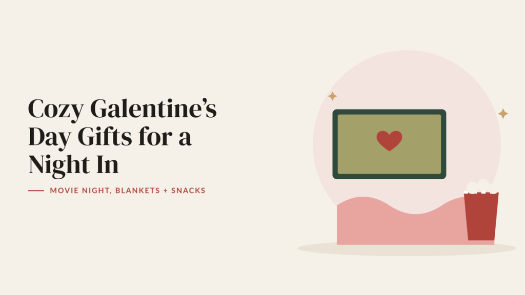 Illustration of a movie screen with a heart, a pink blanket and a popcorn box for a Galentine’s night in guide