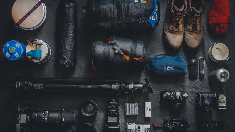 Hiking and camping gear laid out