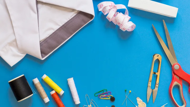Craft supplies on a blue table
