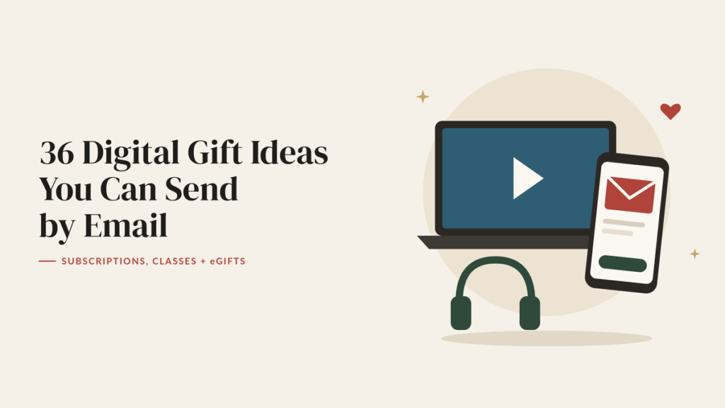 Illustration of a laptop playing a video, a phone showing an emailed gift and a pair of headphones