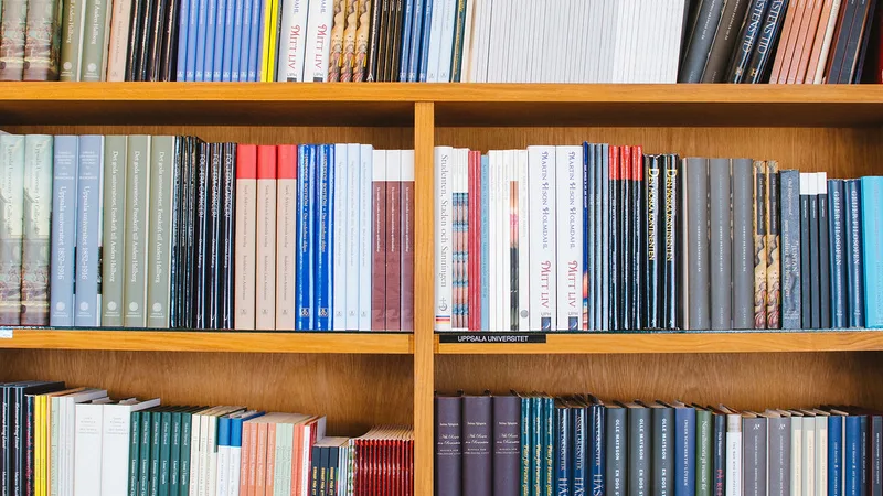 Tall bookshelves full of books
